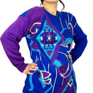 1980s Purple & Blue Chunky Knit Funky Vintage Abstract Geometric Sweater